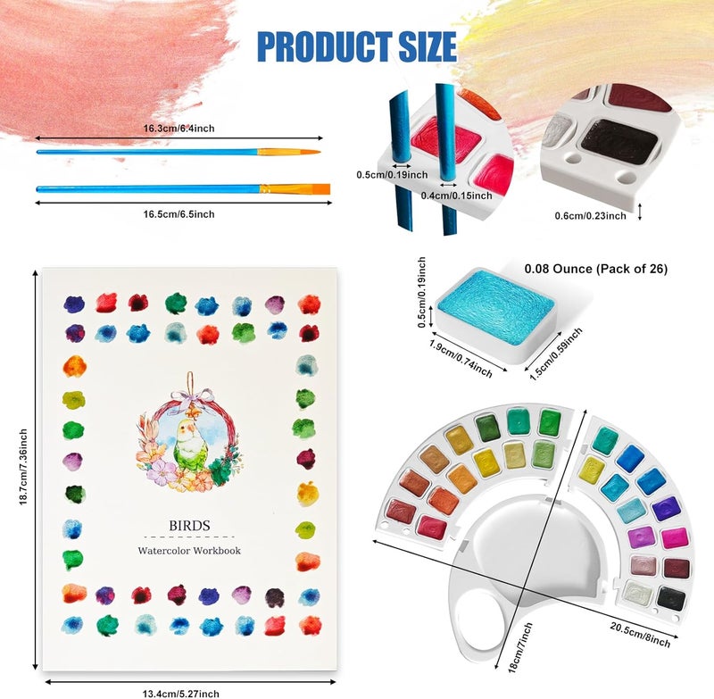 DPDPPL Watercolor Workbook, Water Coloring Book with 13 Pages 300GSM Paper, 26 Colors Watercolor Paint Set with Brush & Storage Bag, Beginner-Friendly Coloring Book for Adults - Birds Theme Art Kit - Image 5
